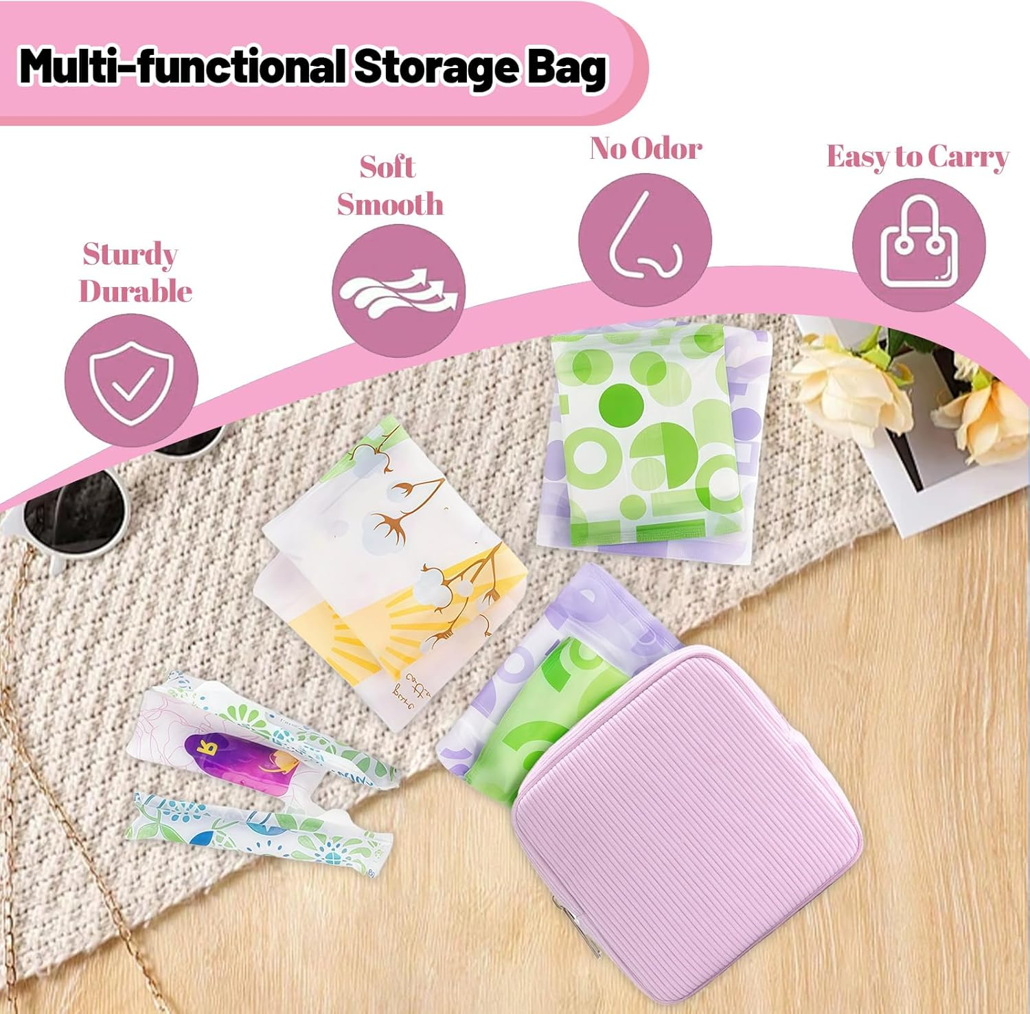 LUMOOM Pack of 2 Sanitary Towels Storage Tampon, Cosmetic Bag Small for Handbag Made of Corduroy, Sanitary Napkin Bag with Metal Zip, Make up Bag for Girls (Pink + Purple), Pink + Purple image number 3