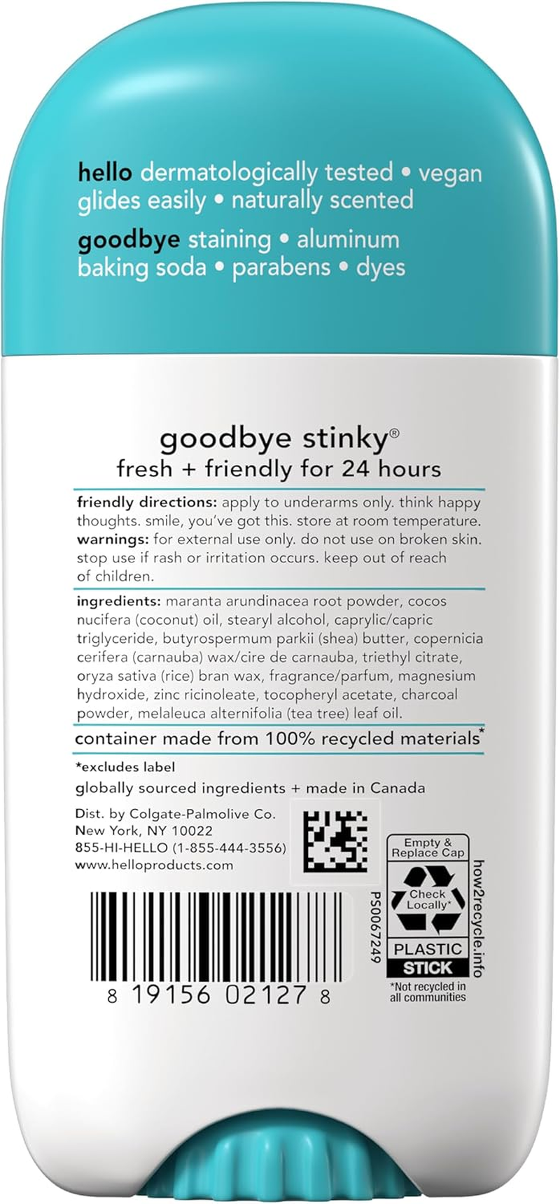 Hello Activated Charcoal Fresh and Clean Deodorant for Women + Men, Aluminum Free, Baking Soda Free, Parabens Free, 24 Hour Odor Protection, 2.6 Ounce, 2 Pack image number 2