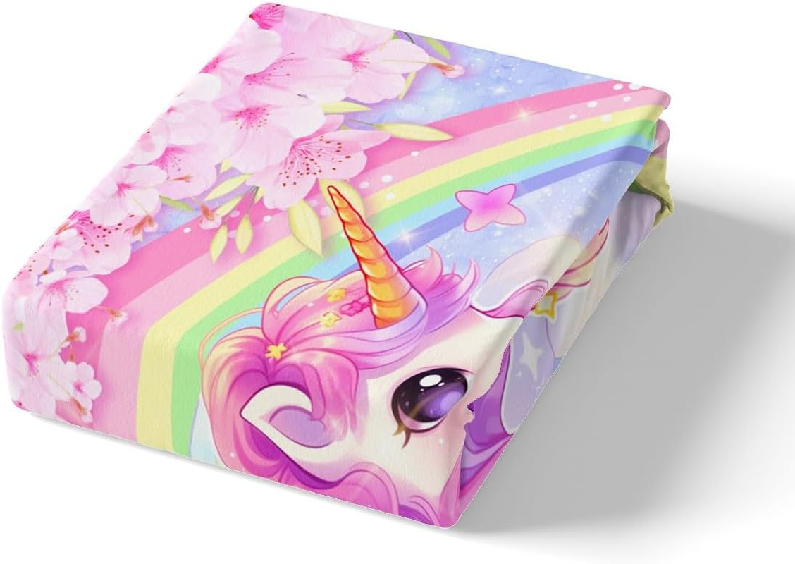 Cartoon Unicorn Kids Duvet Cover Set Queen Size,Sakura Cherry Blossom Japanese Bedding Set,Girls Women Room Decor,Rainbow Unicorn Cute Comforter Cover,Pink Purple Romantic Quilt Cover,2 Pillowcases image number 6