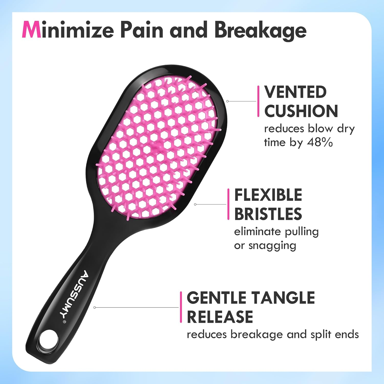 Aussumy 2 Pack Vented Detangling Hair Brush - Detangler Hairbrush for Effortless Tangle Removal - Ultra-Soft Bristles -For Natural Curly Straight Wet Dry Damaged Hair for Women Men Kids - Black & Pink