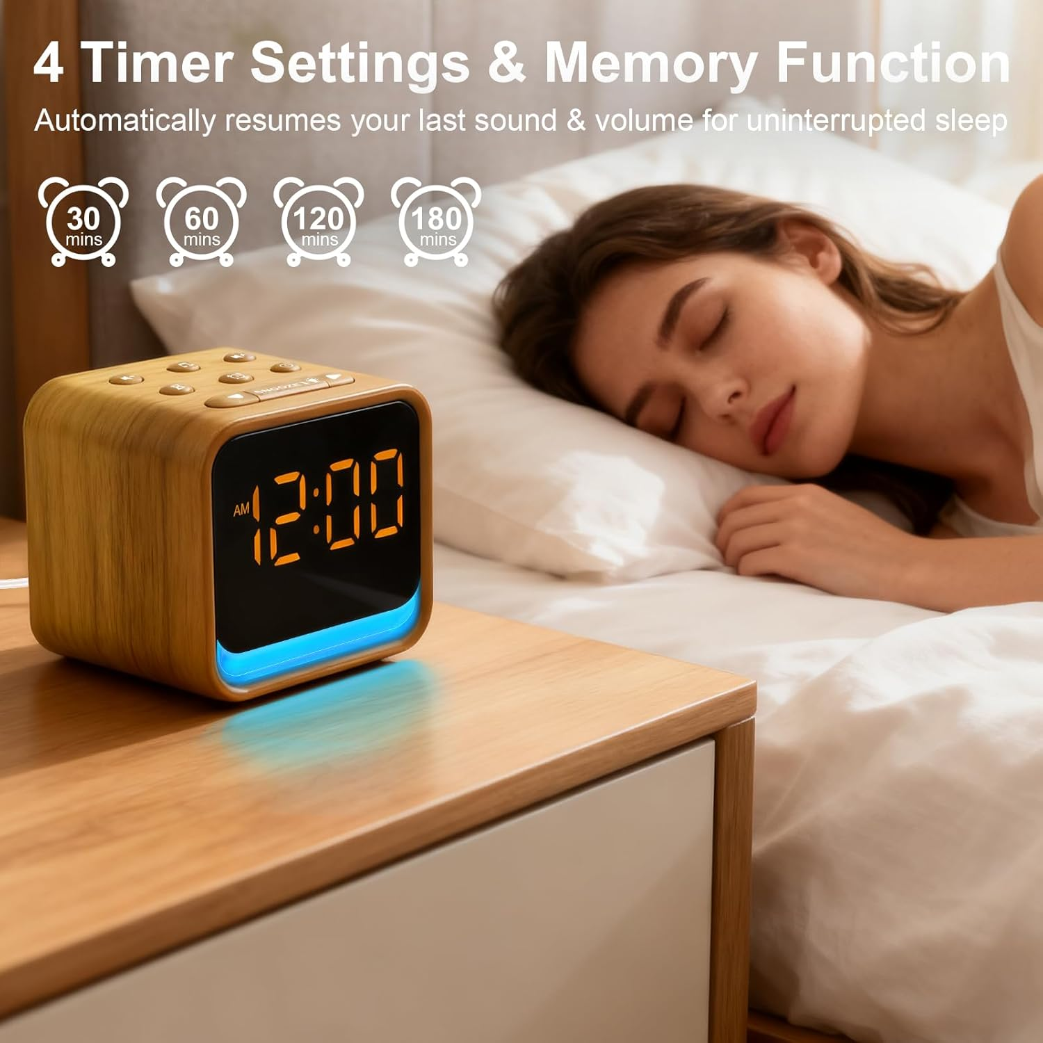 Omebel 2-In-1 White Noise Machine & Alarm Clock, 24 Soothing Sounds, 7 Color Night Light, Portable Sound Machine for Baby & Adult Sleep, Timer & Memory Function image number 4