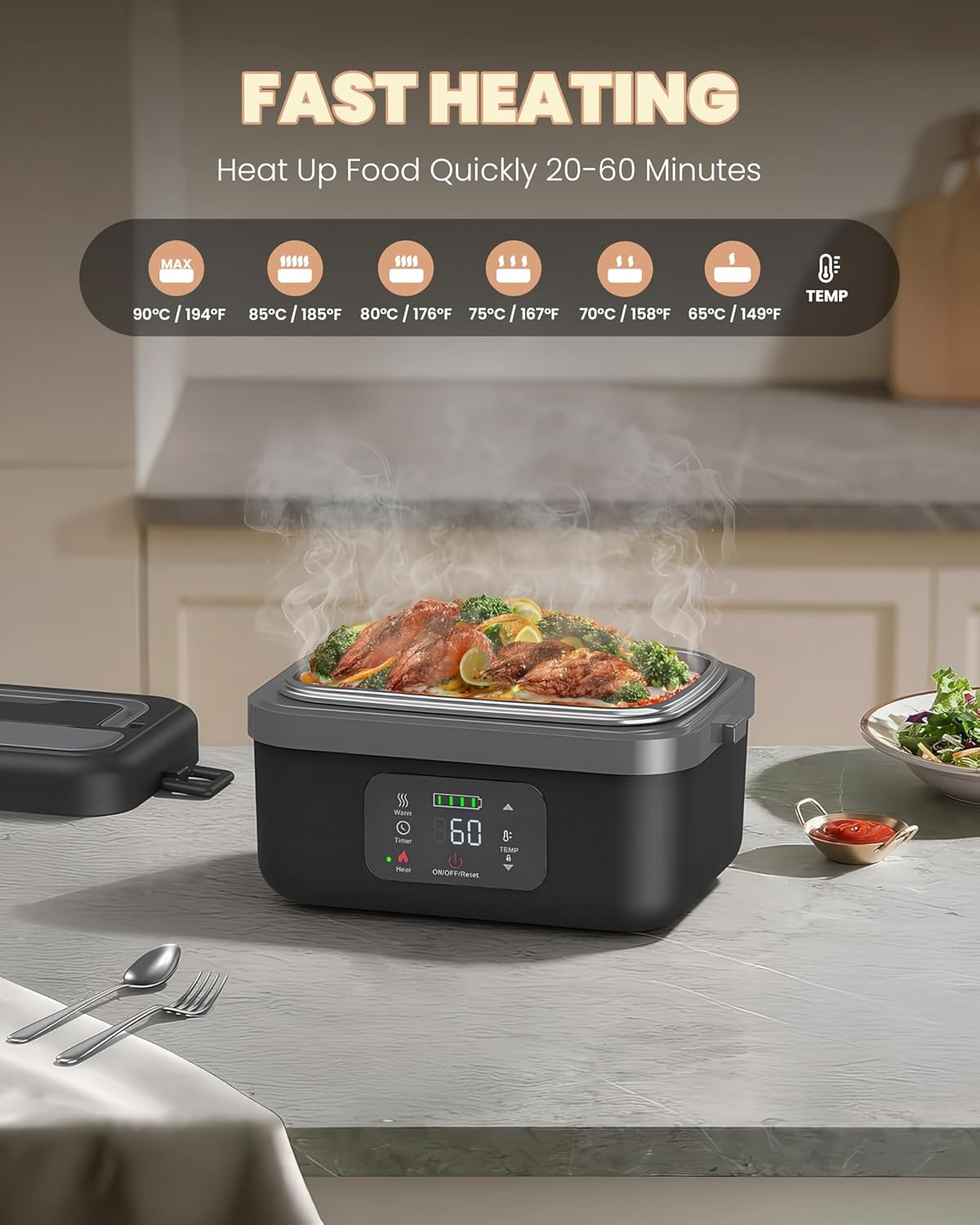 Velony Cordless Electric Lunch Box 16000Mah, Rechargeable Portable Food Warmer with Timer, 1L Stainless Steel Container & Insulated Bag - Perfect for Work, Tradies, Car, and Outdoor image number 6