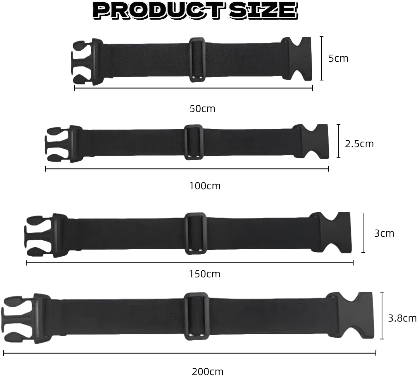 Pack of 4 Black Luggage Straps, Elastic Suitcase Strap, Adjustable Buckle Strap, Suitcase Strap for Safely Packing and Organising Travel Bags, Suitcases, Luggage Strap (5 X 50-200 Cm) image number 5