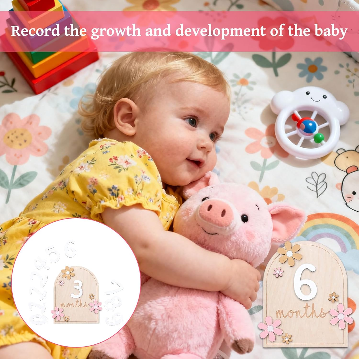 Baby Milestone Cards, Baby Items, Baby Stuff, Monthly Milestone, Monthly Milestone Cards, Wooden Milestonesigns, Interchangeable Number Set of 11 to Document Your Baby'S Growth (Flower) image number 1