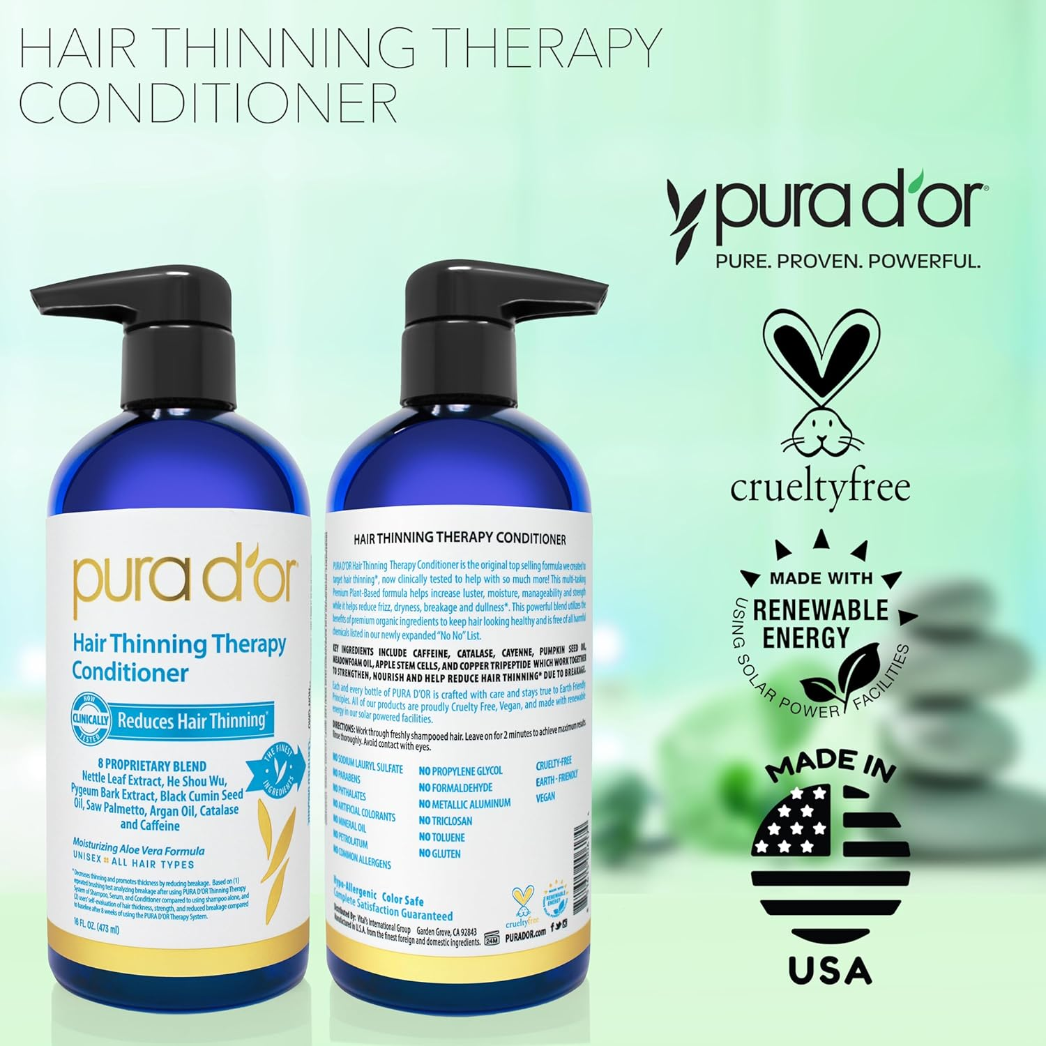 PURA D'OR 16 Oz Hair Thinning Therapy Biotin Conditioner, CLINICALLY TESTED Effective Results, Low Lather Deep Moisturizing Herbal DHT Blocker Hair Thickening Products for Women & Men, Color Safe image number 1