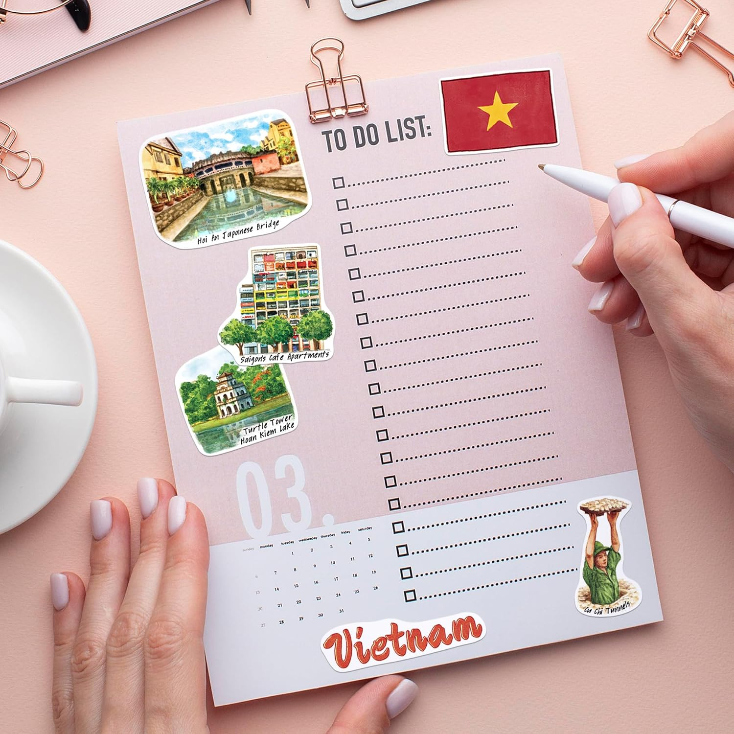 Navy Peony Vibrant Vietnam Travel Stickers (28Pcs) - Watercolor, Vietnamese-Themed Vacation Decals for Journals, Scrapbooks, Luggage, Tumbler image number 5