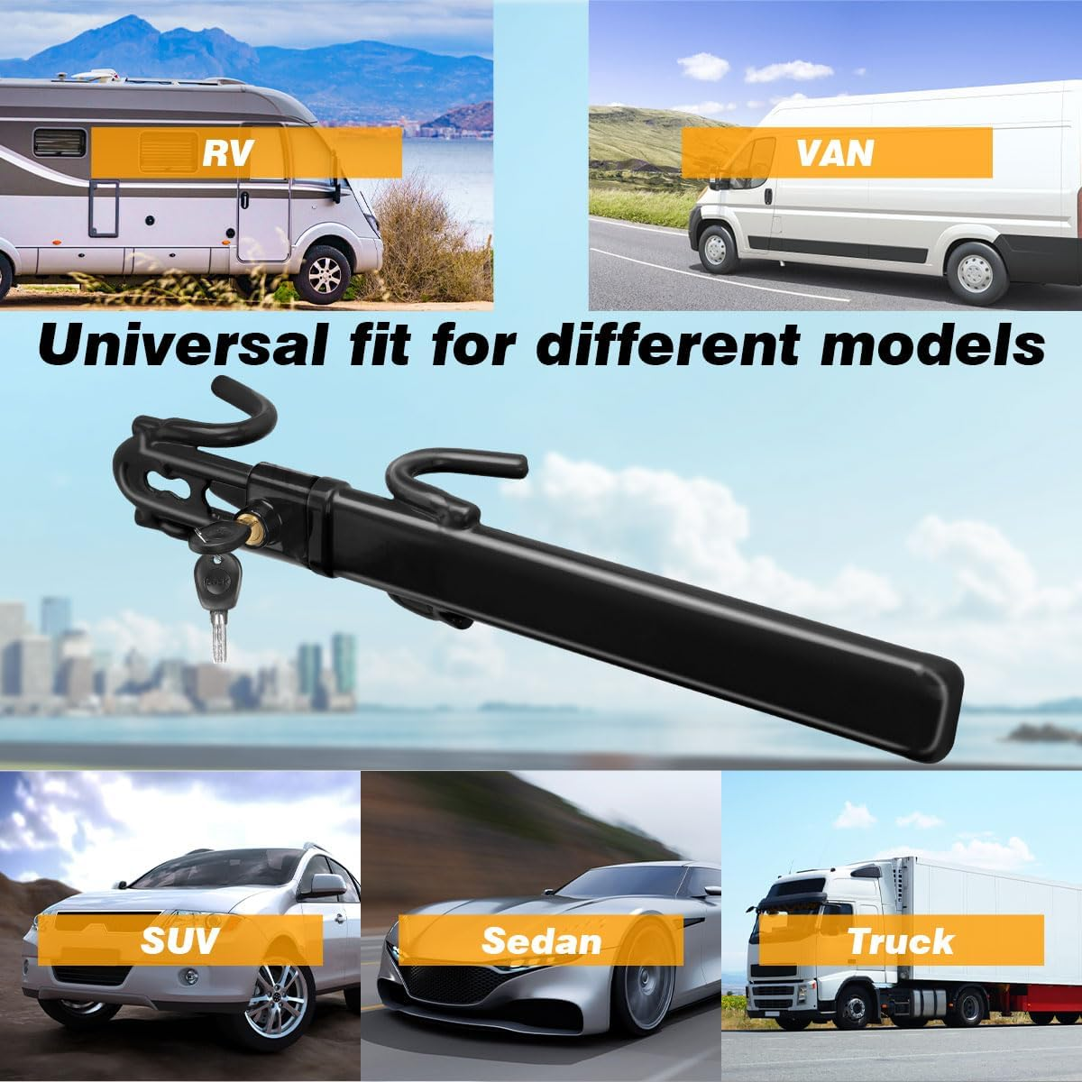 Steering Wheel Lock anti Theft Car Device Steering Wheel Lock Anti-Theft Device Adjustable Length Clamp Double Row Atom Keys Steering Lock Car Steering Wheel Lock Heavy Duty Secure Device