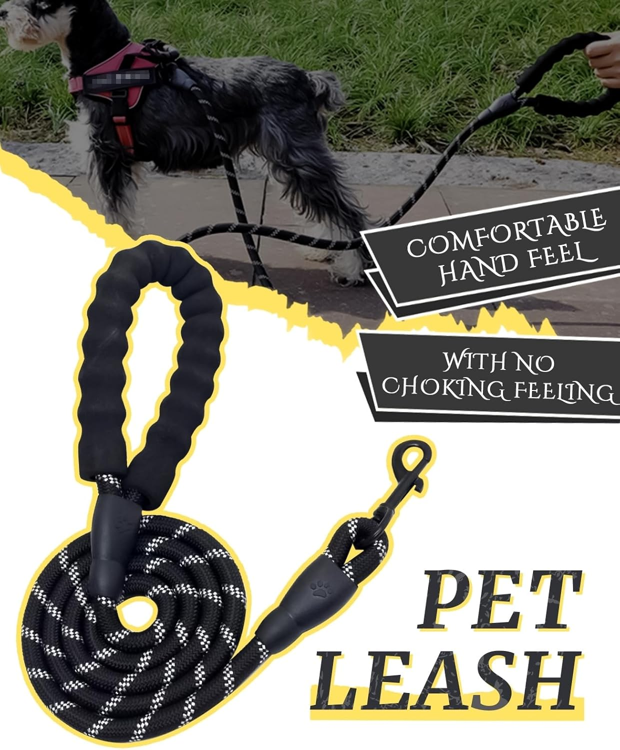 Alxmunao Reflective Anti-Pull Dog Lead with Foam Handle, Durable Nylon Leash for Small Medium Dogs Walking Training (Multiple Colors) (Red) - Black image number 4