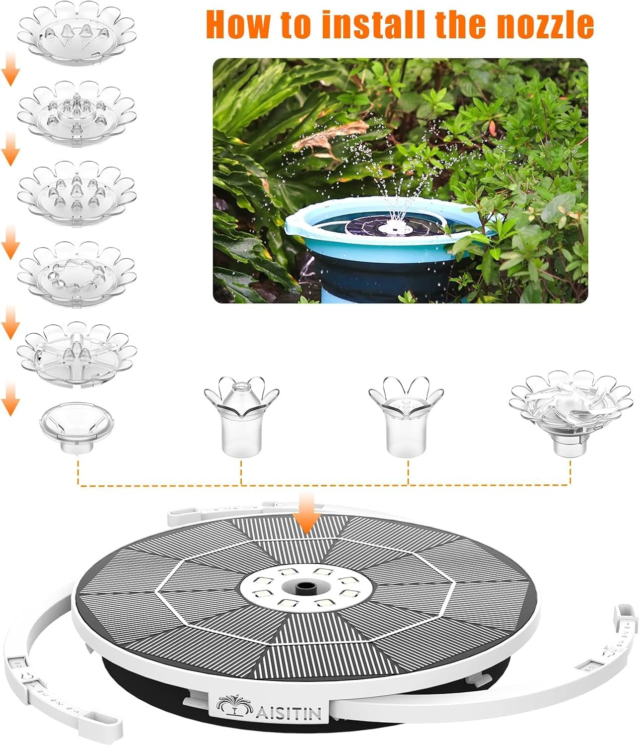 AISITIN 3.5W LED Solar Fountain 7.1In（18Cm ) 3000Mah Built-In Battery Solar Water Pump Floating Fountain with 6 Nozzles for Bird Bath for Fish Tank, Pond or Garden Decoration Solar Water Fountain image number 6