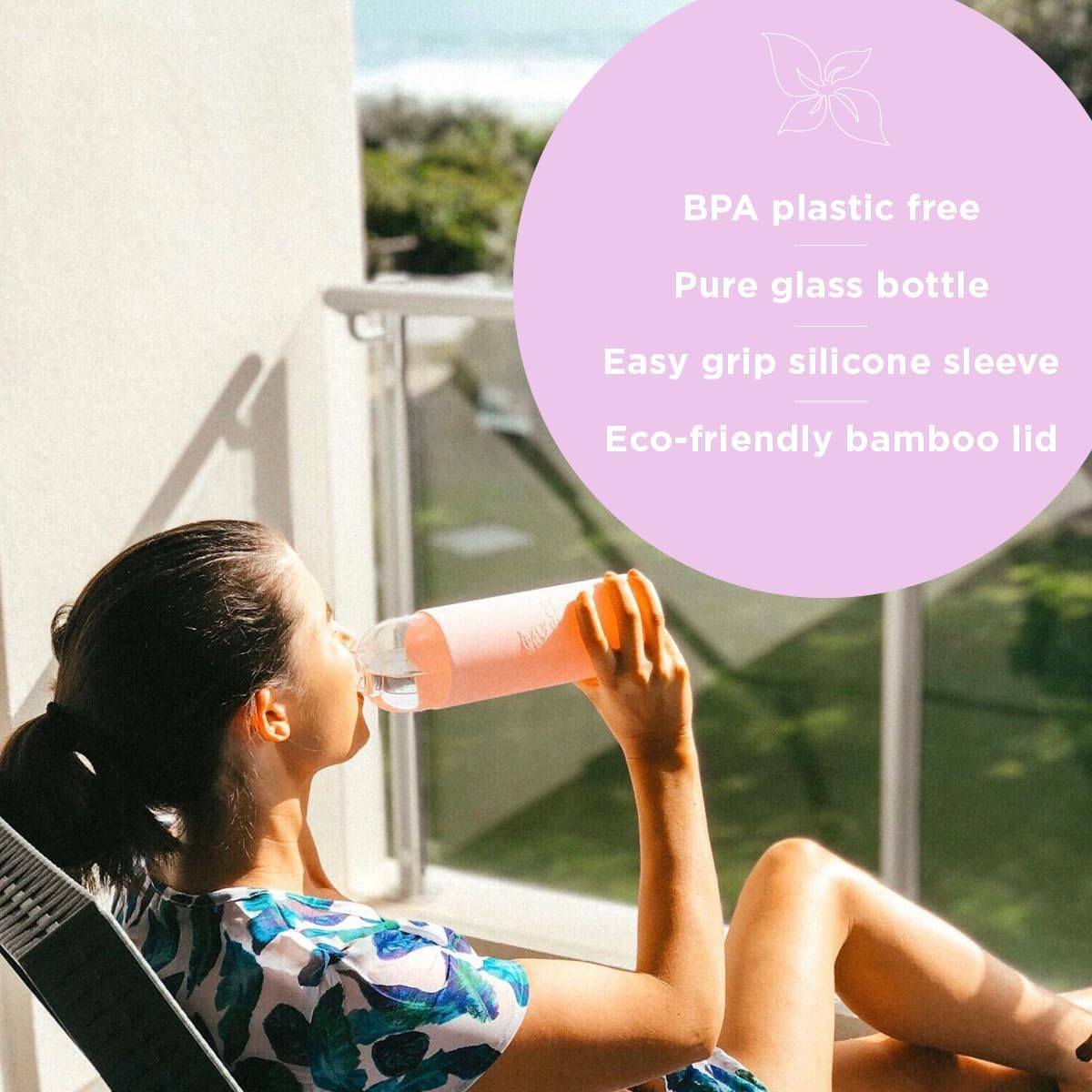 Wilfred Eco 1 Litre Glass Water Bottle | Large 1L Capacity | Protective Silicone Sleeve | BPA Free, Eco-Friendly & Leak-Proof | Dishwasher Safe | (Colour - Pastel Pink) - Bold Grey image number 4