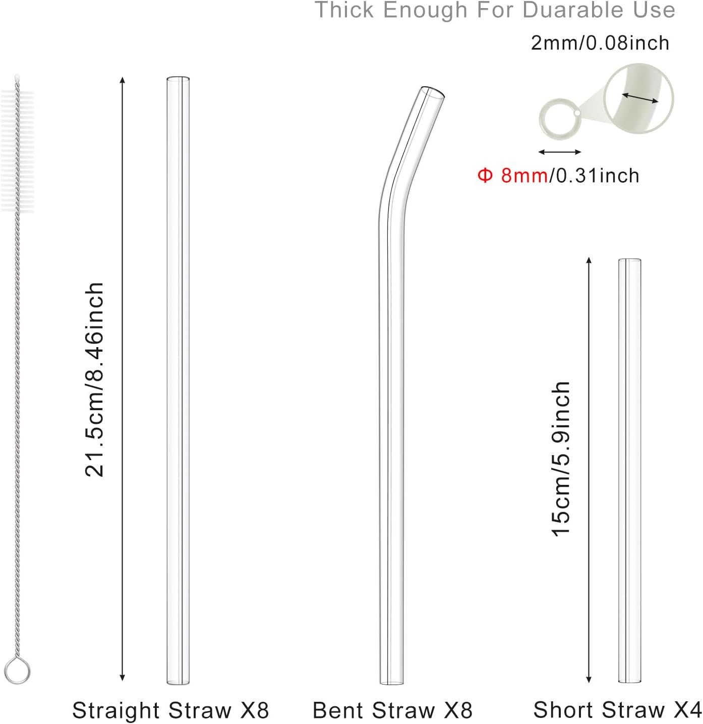 Kiemeu 20 Pack Clear Glass Straws for Drinking, &Phi;8 Mm Thin Reusable Straws, Family Pack image number 1