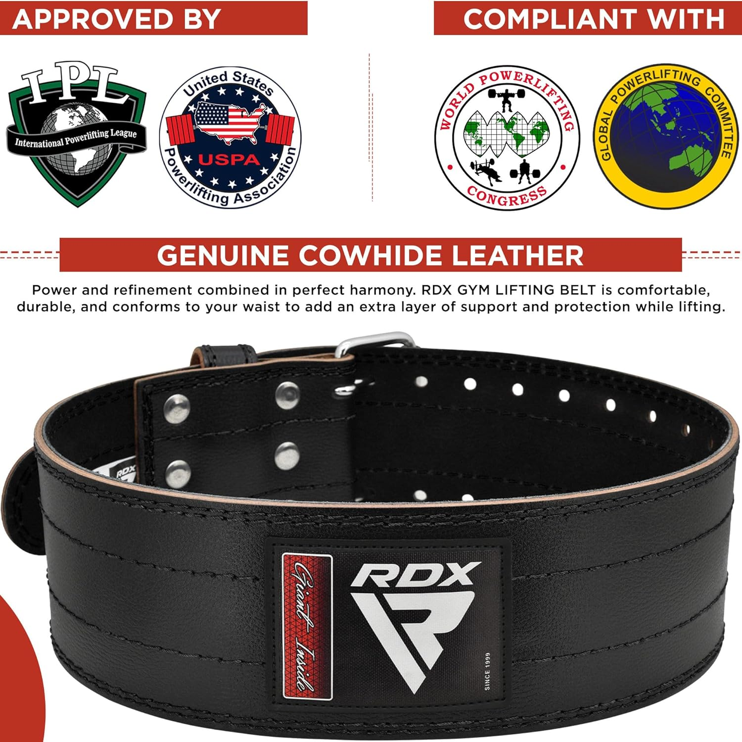 RDX Weight Lifting Belt for Men Women, IPL USPA Approved, 6Mm Thick 100% Leather, 4&rdquo; Powerlifting Back Support, Squat Deadlift Bodybuilding Exercise Fitness Gym Workout Strength Training up to 700 LBS image number 2