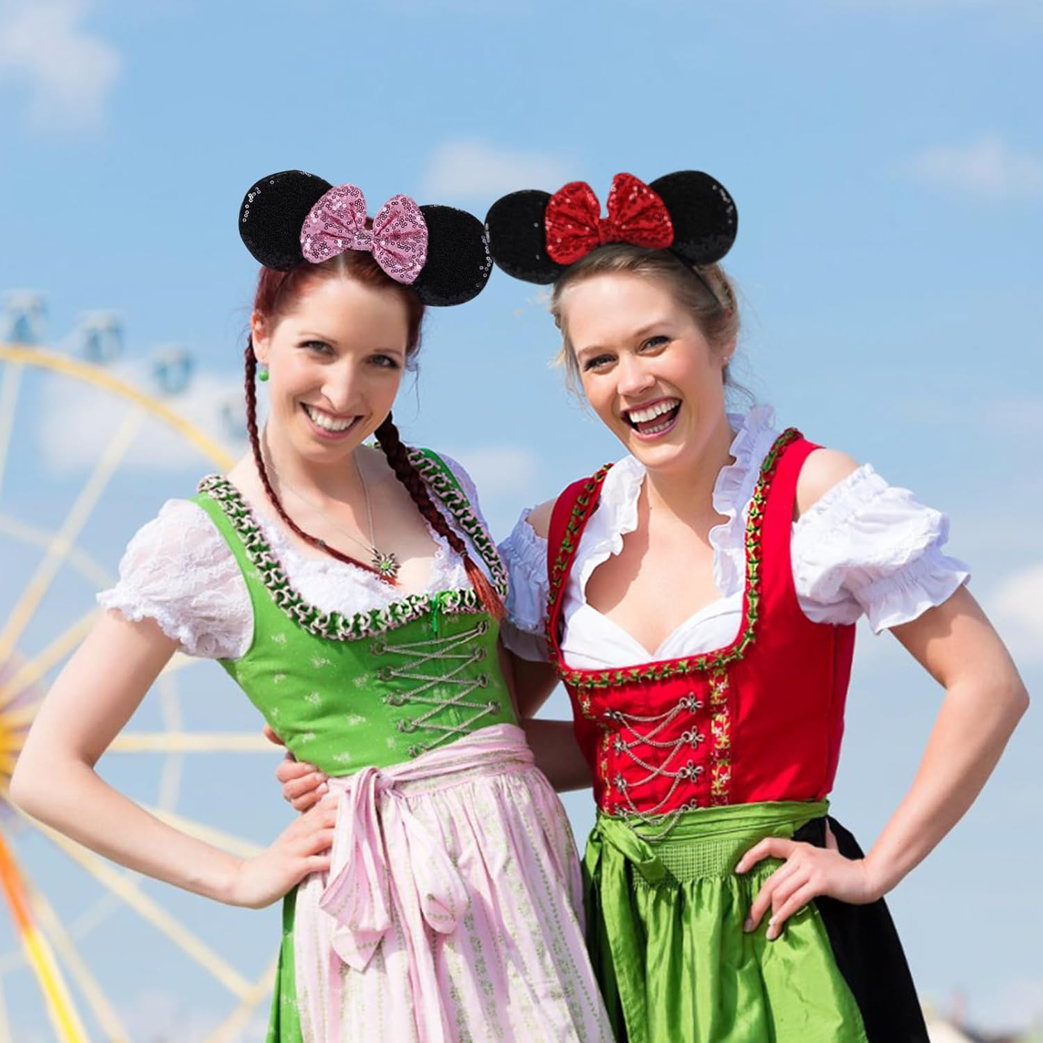 Socathey 2PCS Mouse Ears Headband for Women & Girls, Shiny Sequin Bow Mouse Headbands for Birthday Party & Theme Paradise (Red & Dot Red) - Red-02 image number 2