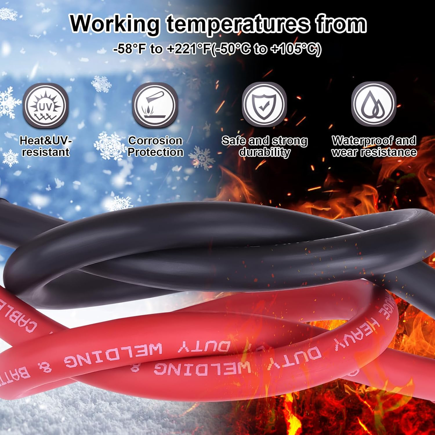 Igreely 1/0 AWG Gauge Battery Cable, 1Ft/30Cm Pure Copper Battery Power Cables with 5/16&rdquo; Heavy Duty Lugs for Solar Automotive RV Marine Boat,Diy for Replacement Parts & Accessories image number 2