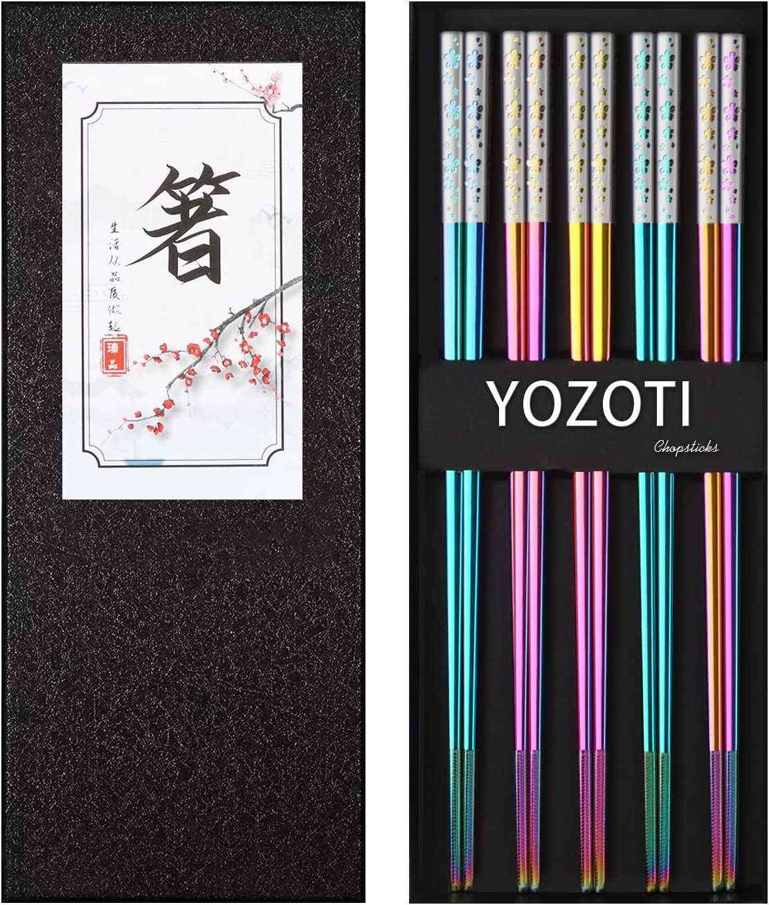 YOZOTI Stainless Steel Rainbow Color Chopsticks, Reusable Chopsticks , 5 Pairs Dishwasher Safe Metal Chopstick, Easy to Use, Square Lightweight Chop Sticks - Gift Set(Dazzling)