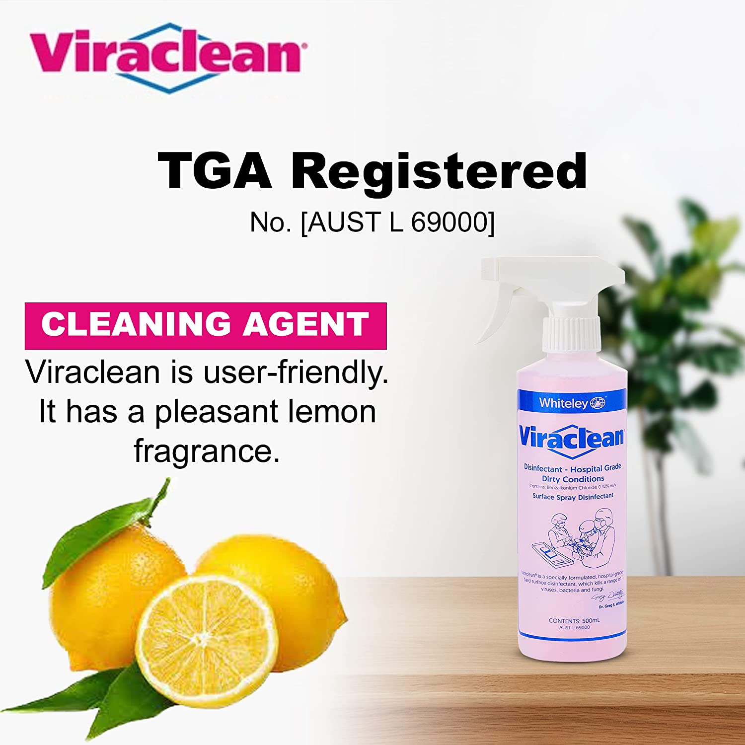 Whiteley Corporation Viraclean All Purpose Disinfectant Spray - Kills 99.9% of Germs and Eliminates Odors -Cleansmart Hospital Grade Disinfectant of Viruses and Bacteria,Tga Registered, 500 Ml image number 1