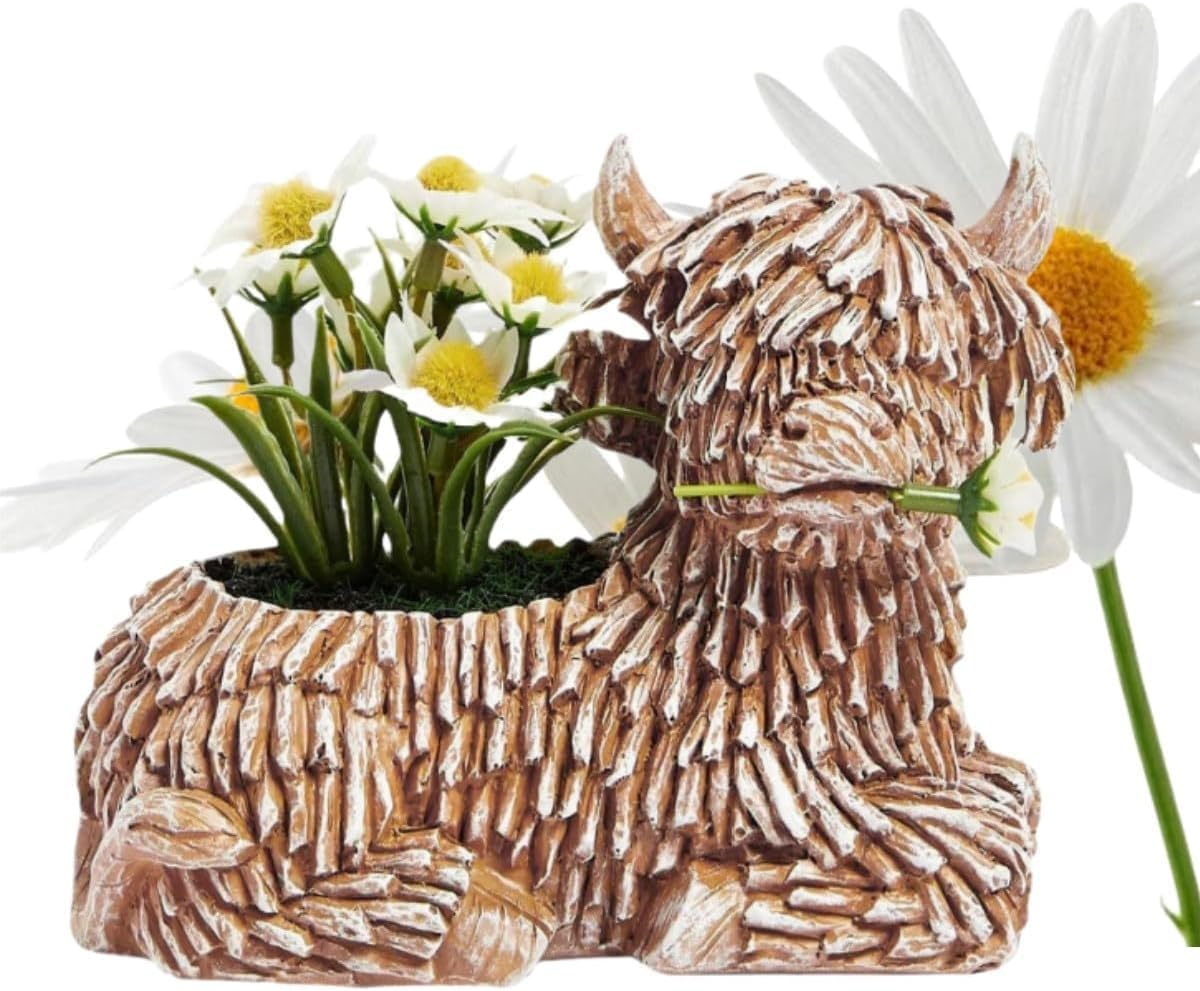 Highland Cow Planter for Outdoor Plants, Cute Scottish Decor Flower Pot,Resin Figurines Succulent Pots,Highland Cow Succulent Planters,Gifts for Women Men image number 2