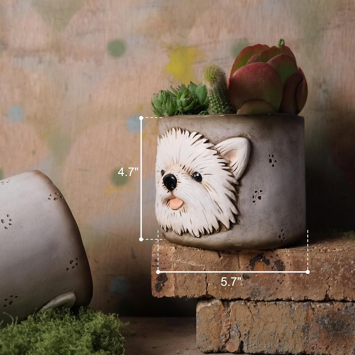 Puppy Westie Planter Pots for Indoor Plants, 6 Inch Resin Adorable Face Plant Pots Antique Design, Cute Flower Pots with Drainage, Home Decor for Dog Lovers