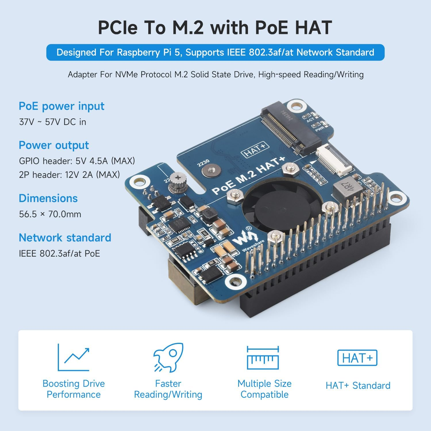 Wavesharr PI 5 Hat+,Pcie to M.2 Adapter with Poe Function for Raspberry Pi 5, Supports Nvme Protocol M.2 Solid State Drive, High-Speed Reading/Writing, Raspberry Pi 5 Poe HAT