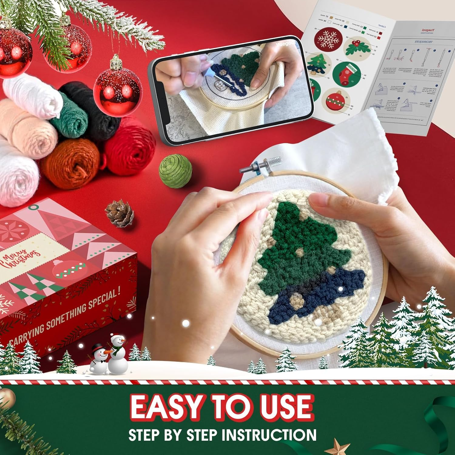 Yuegool 6PCS Christmas Punch Needle Coaster Kit,Easy DIY Embroidery Set for Beginners, Kids & Adults with Patterns, Tools, Yarns, Hoop, Instructions & Coaster Holder image number 3