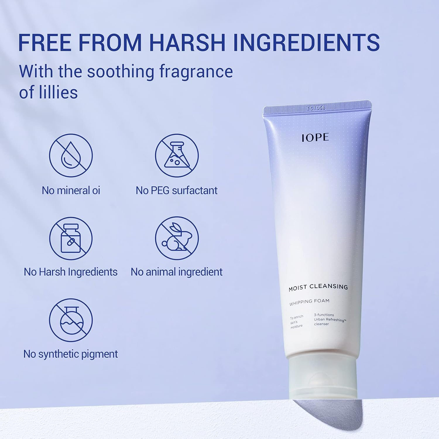 IOPE Face Wash, Moist Cleansing Whipping Foam, Daily Cleanser for Gentle Exfoliation, Makeup Remover for All Skin Types - Skin Hydration with Flower Extract - Korean Skin Care, 6.09 Fl Oz.