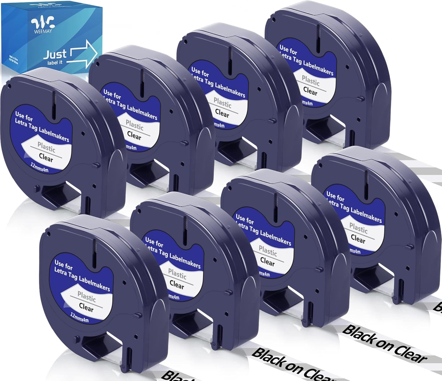 Weemay 8 Pack Compatible Label Tape Replacement for Dymo Letratag Refills 91331 (S0721660) Plastic 12Mm X 4M Black on White Label Tape for Dymo Label Maker LT-100T LT-100H LT-110T QX50