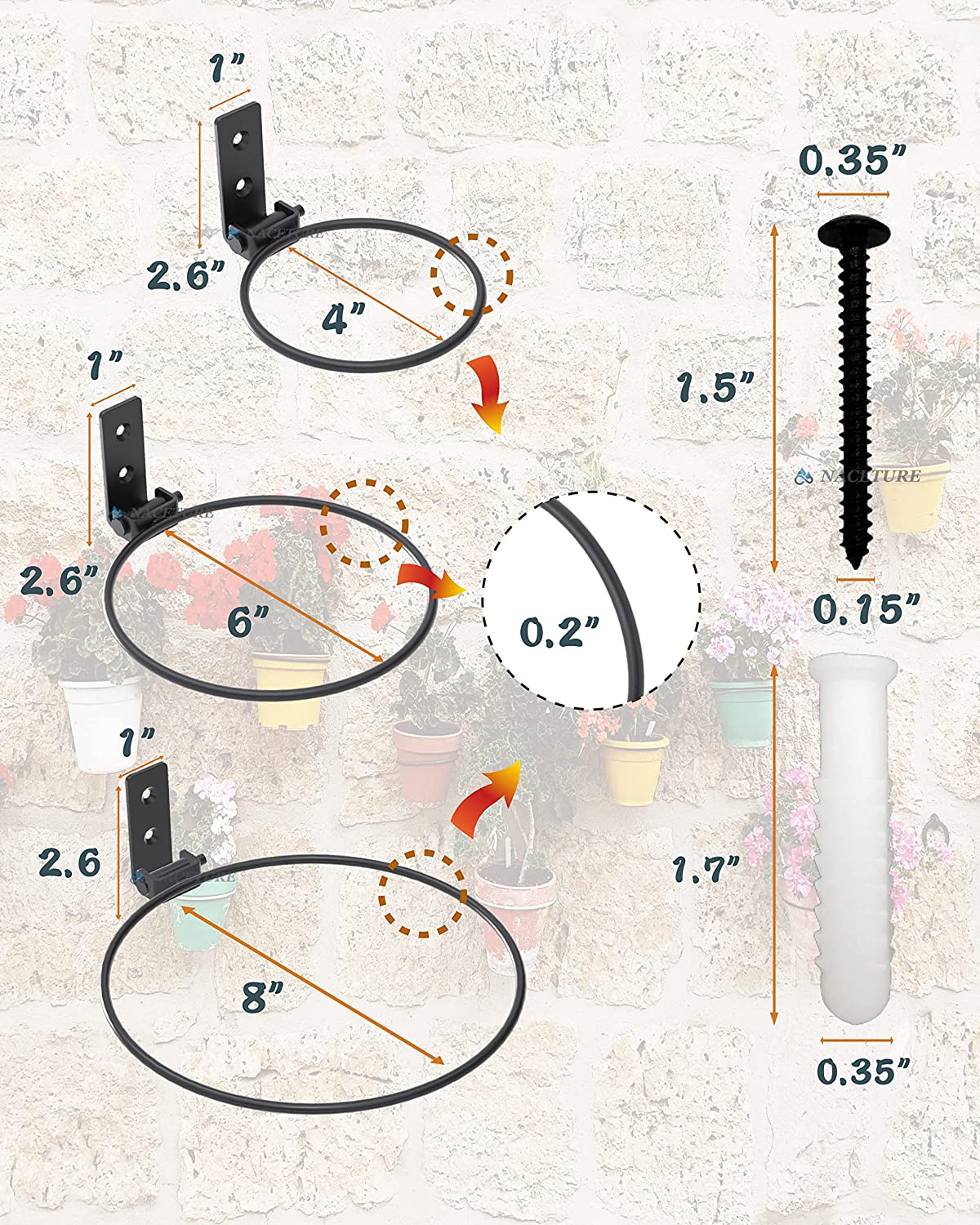 6 Inch Foldable Flower Pot Holder Ring for Wall Mount &ndash; Heavy Duty Metal round Planter Hooks Hangers - Fence Pot Plant Holders Hanging Bracket for Outdoor Indoor (6 Inch 6 Pack) image number 1