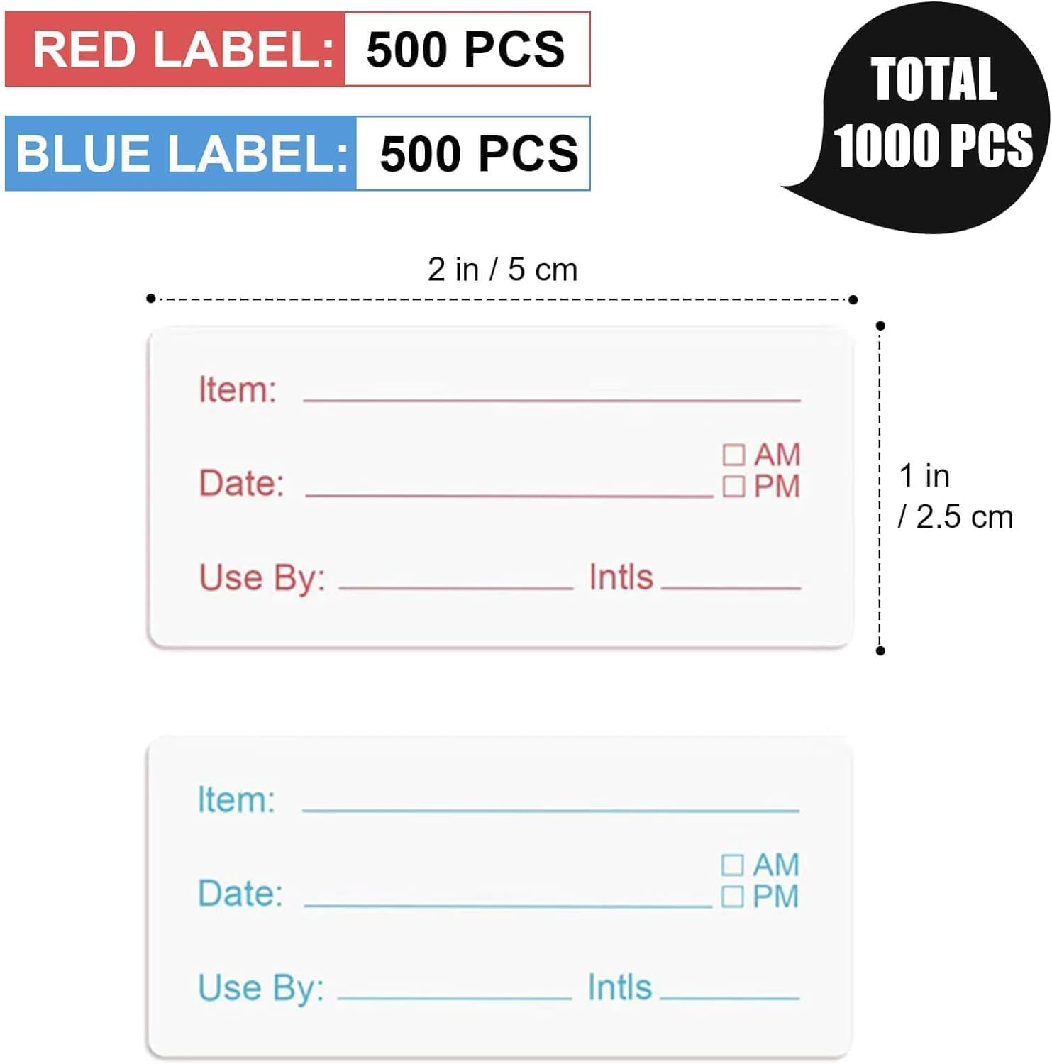 Betterjonny 2 Rolls 1000 Pieces Freezer Labels, 1 X 2 Inch Food Storage Stickers, Red & Blue, Easy to Write On