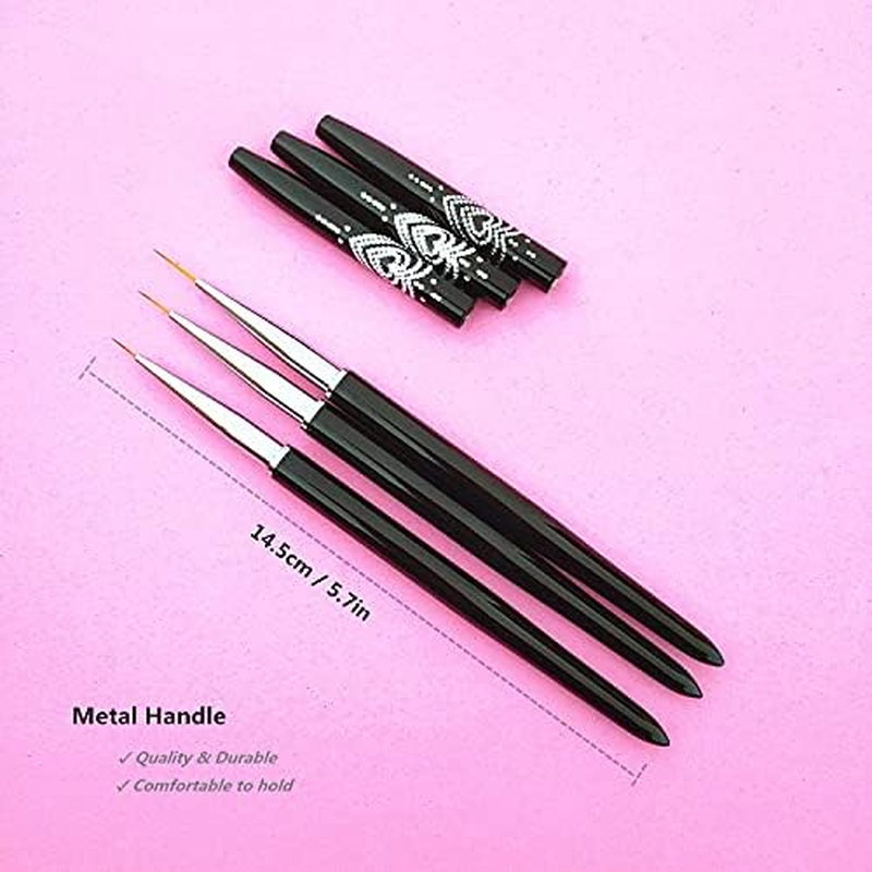 FULINJOY Nail Art Liner Brushes, 7Mm/9Mm/11Mm UV Gel Painting Nail Art Design Brush Metal Handle Nail Drawing Pens (3PCS, Black) - Golden image number 3