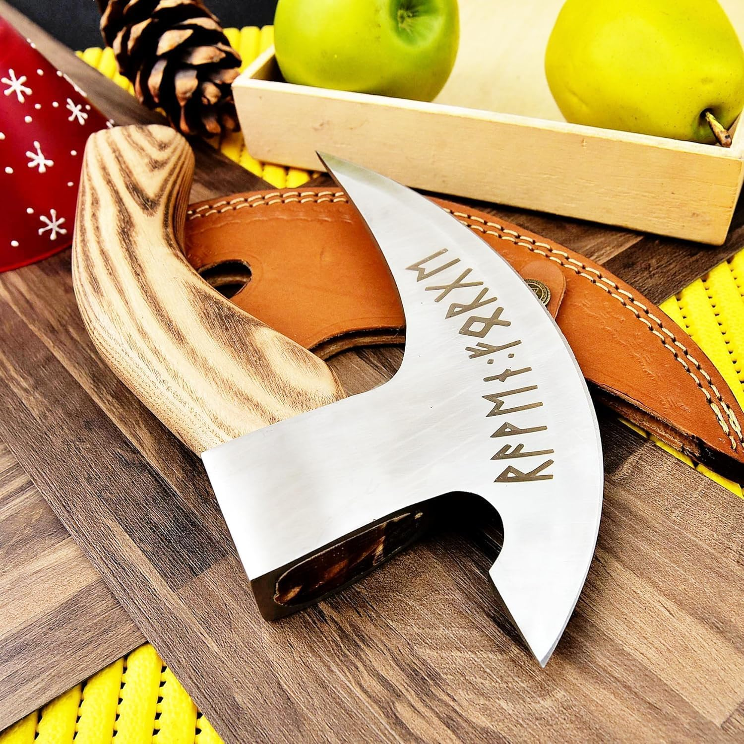 Viking Pizza Cutter Cutting Axe Hatchet- for Camping. Home with Premium Leather Sheath- (HANDMADE PC-3) image number 1