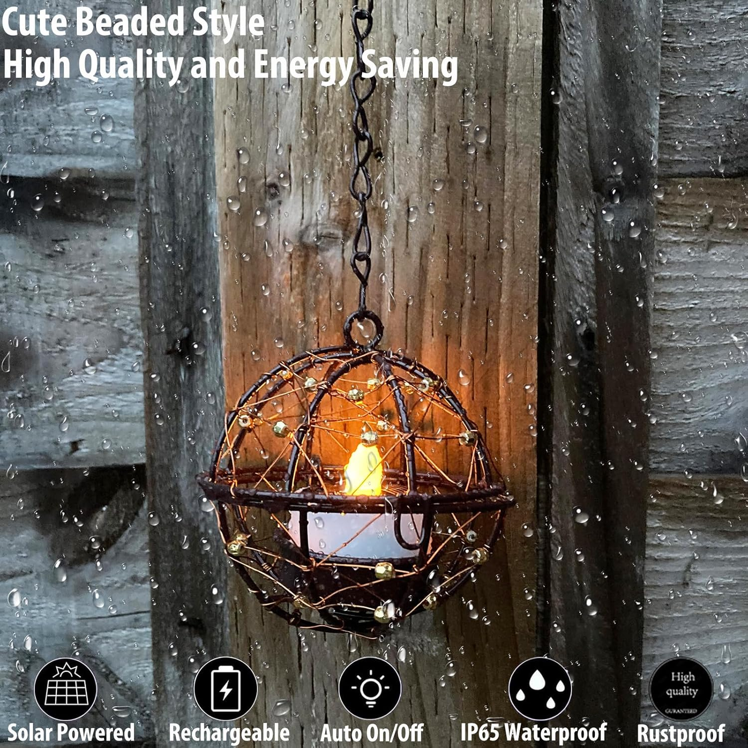 Outdoor Solar Hanging Lanterns Waterproof, Globe Hanging Candle Holder with Flickering Solar Powered Tea Lights, Chargeable Chandelier Light for Backyard Patio Garden Fence Tree Decoration-4Pack