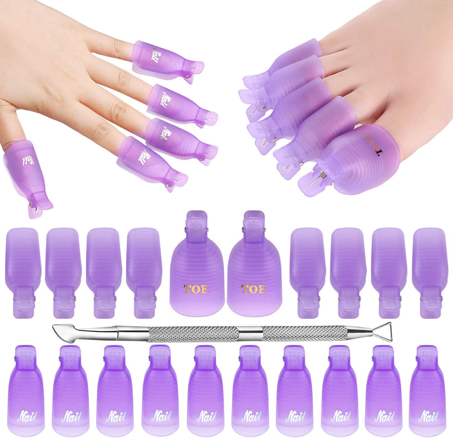 Makartt Gel Nail Polish Remover Clips Kit,With Double Ended Metal Cuticle Pusher,20 Pcs Plastic Resuable Finger and Toe Nail Clips for Removal Acrylic Nail Art Gel Polish Soak off Cap Clip