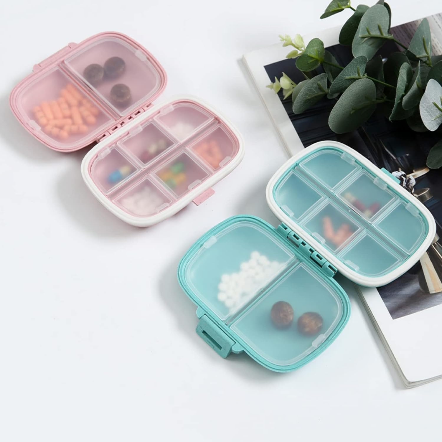 3 Portable Pill Box Organizer, 8 Compartments Portable Pill Case, Small Pill Box for Pocket Purse Portable Medicine Pills/Capsules/Vitamins/Fish Oil Etc（Pink,Blue,Green) image number 3