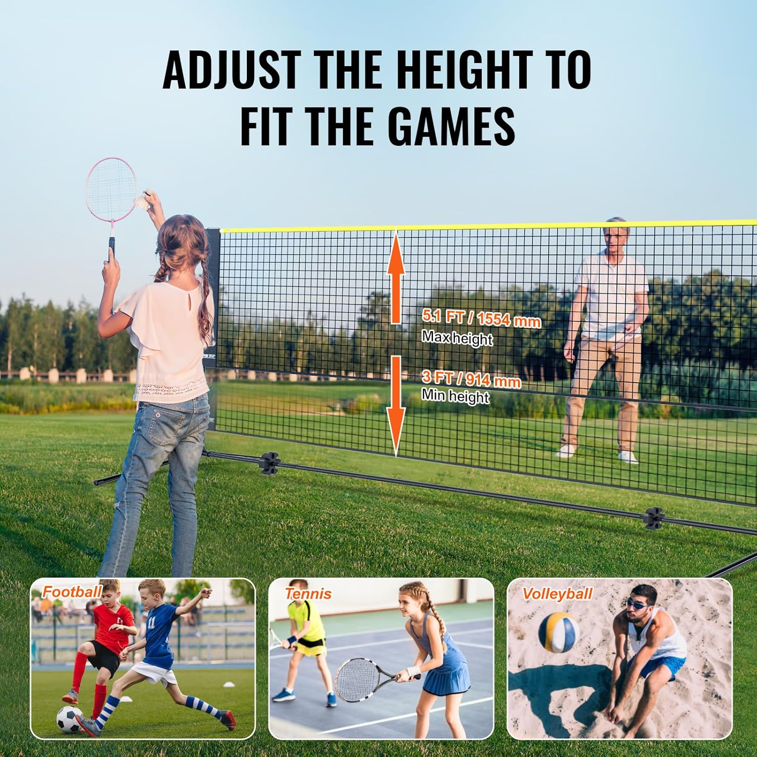 VEVOR Badminton Net, Height Adjustable Volleyball Net, 20Ft Wide Foldable Pickleball Net, Portable Tennis Net Set with Poles, Stand, Bag, Rackets, Nylon Shuttlecocks, Kid Backyard Indoor Outdoor Use image number 4