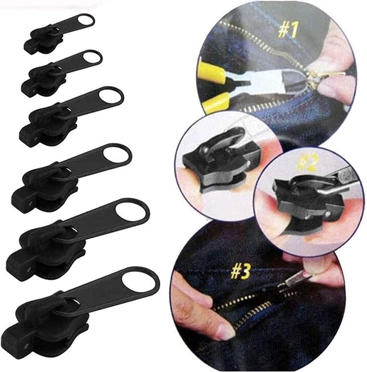 12Pcs Black Fix Zip Puller,Zip Slider Repair Instant Kit,Fix Zipper Removable Rescue Replacement Pack,Instant Zipper Set for Coats Jacket,Luggage,Backpacks Zippers Undergarment Sewing image number 1