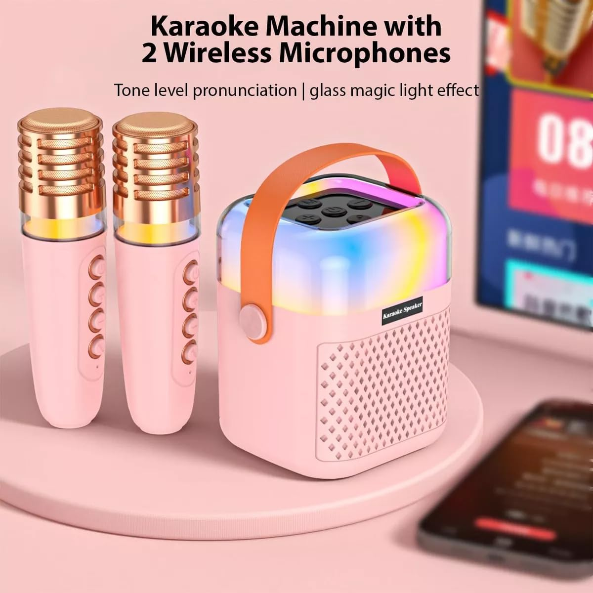 Luczeng Mini Karaoke Machine, Portable Bluetooth Karaoke Speaker | with 2 Wireless Microphone | Type-Ccharging Port | 5 Sound Effects | for Adullts and Kids | Birthday Gift image number 2