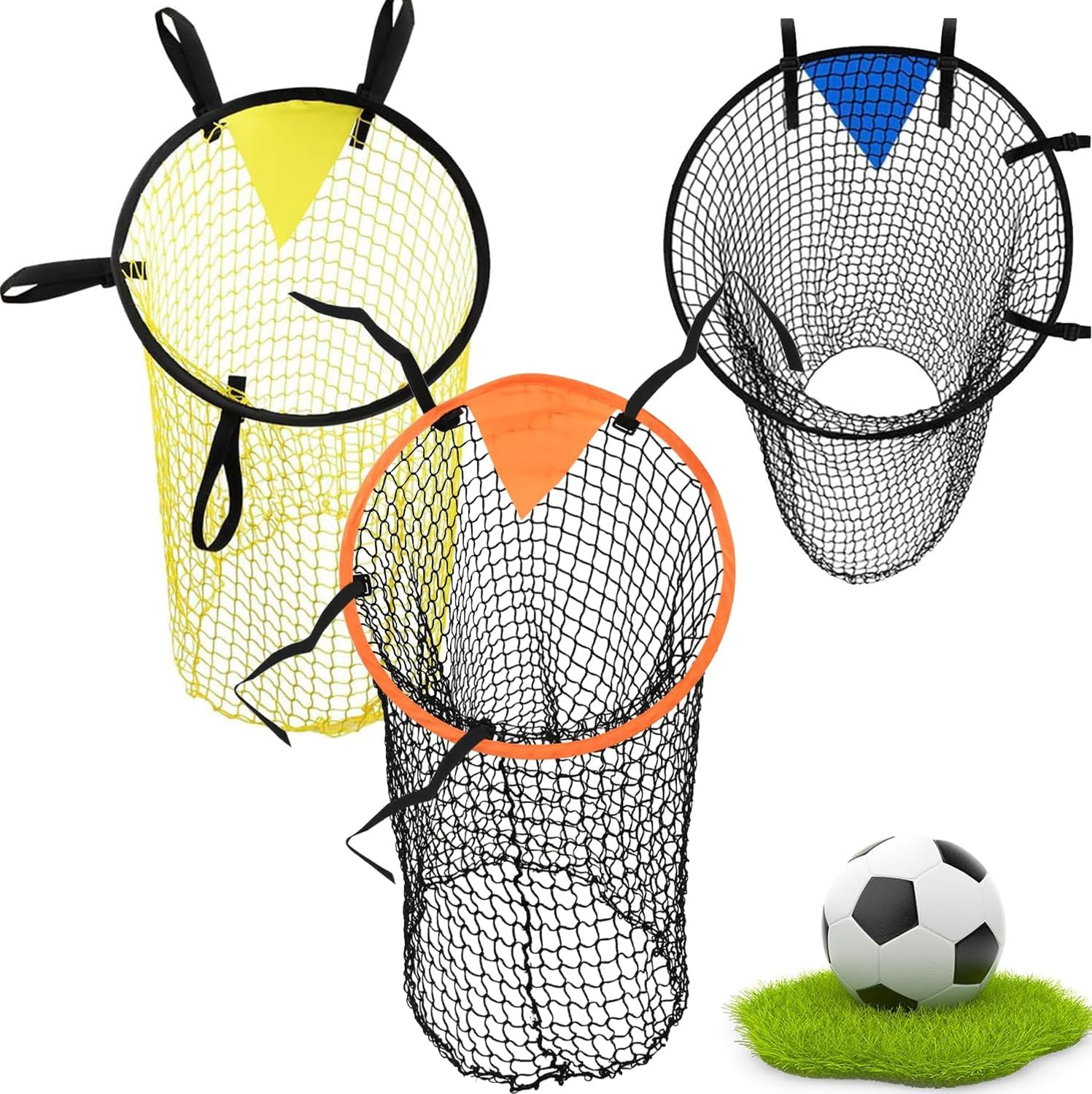 3 Pcs Football Goal Target Bag, Soccer Training Net Corner Soccer Train Goal Easy to Attach and Detach, Buckle - Adjustable Rope Strap, Bullseye for Precise Training（Blue, Orange, Yellow image number 1