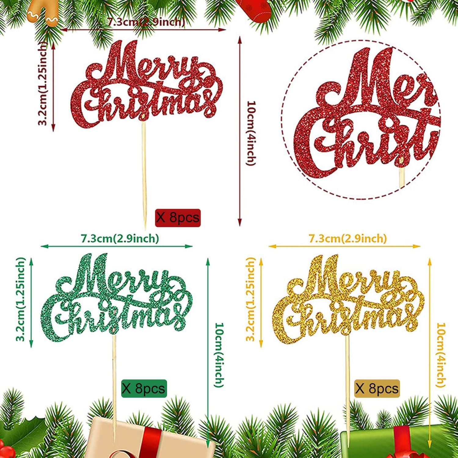 24Pcs Merry Christmas Cupcake Toppers Green Red Gold Glitter Christmas Cupcake Picks Merry Christmas Theme Happy New Year Party Cake Decorations Supplies image number 2