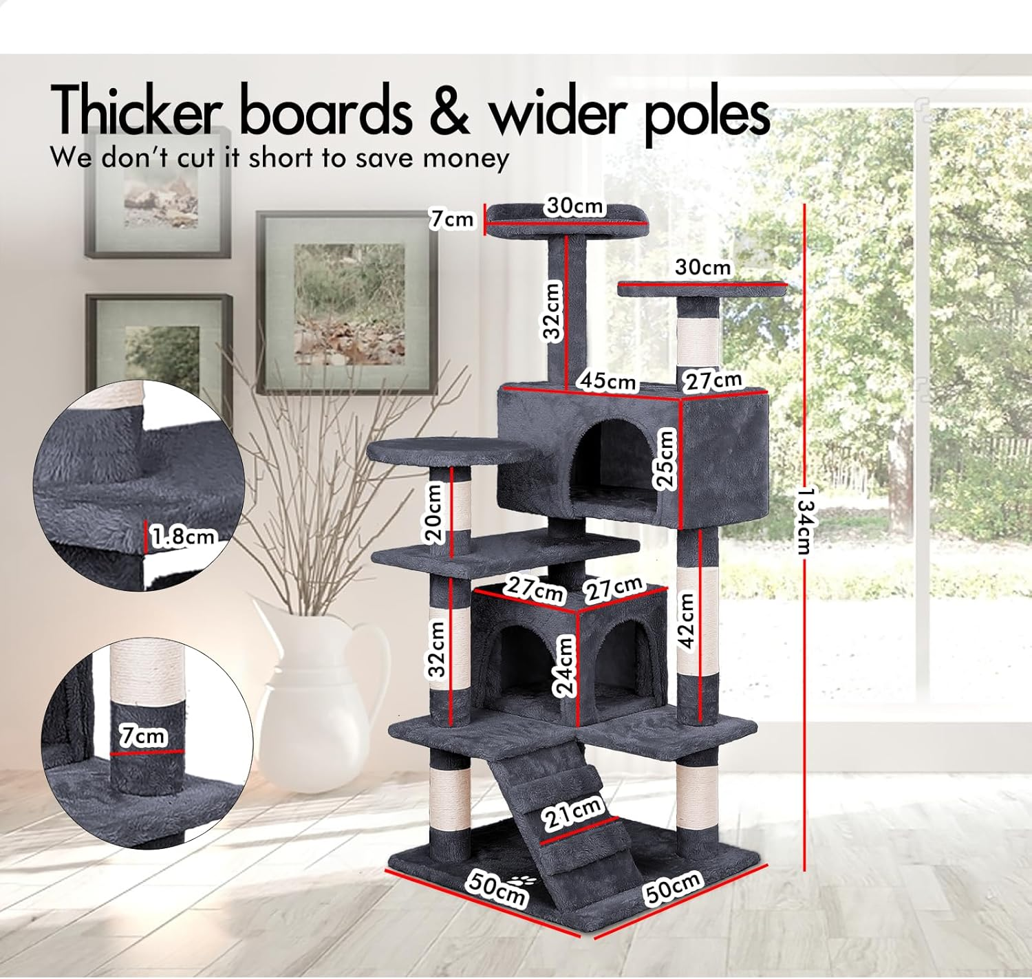 BEASTIE Cat Tree 132Cm Tall, Scratching Post Scratcher Tower Condo House Furniture Wood in Grey Colour image number 5