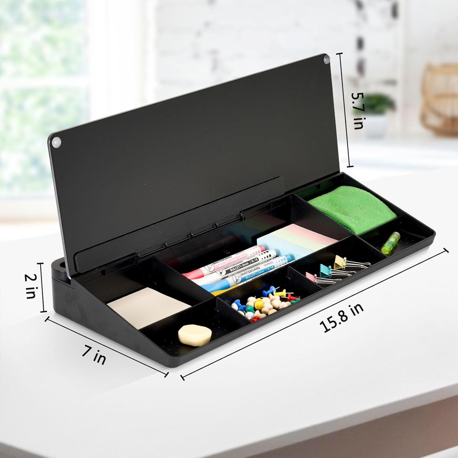 DOLLAR BOSS Glass Desk Whiteboard Calendar Small Dry Erase Board Desktop White Board with Storage Drawer Computer Keyboard Stand Desk Organizer, Colourful Print, Black image number 3