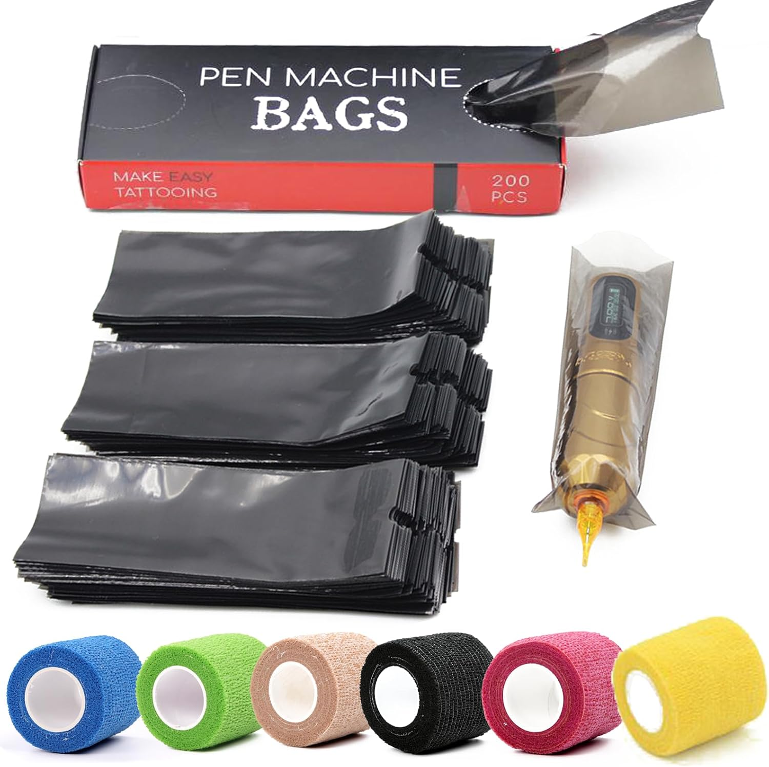 HOINCO Tattoo Machine Pen Cover Tape Wraps,200Pcs Tattoo Machine Covers and 6Pcs Tattoo Machine Tape Grip Wrap 2 X 5 Yards Self for Tattoo Supplies image number 1