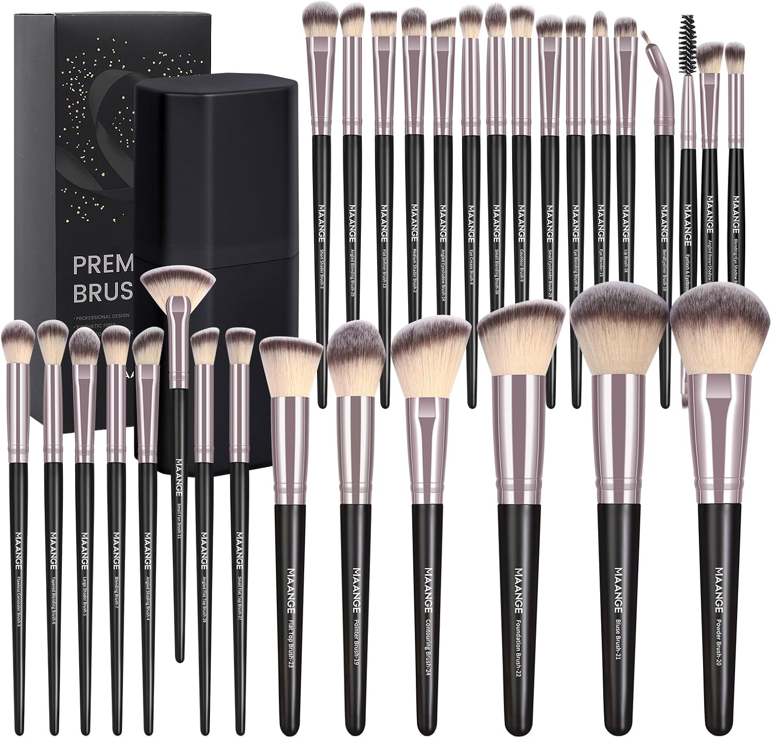 MAANGE 30 Pcs Professional Makeup Brushes with Case, Premium Synthetic Face Foundation Powder Blush Eyeshadow Blending Eye Brush Set Travel Makeup Brushes Set (Black Coffee) image number 4