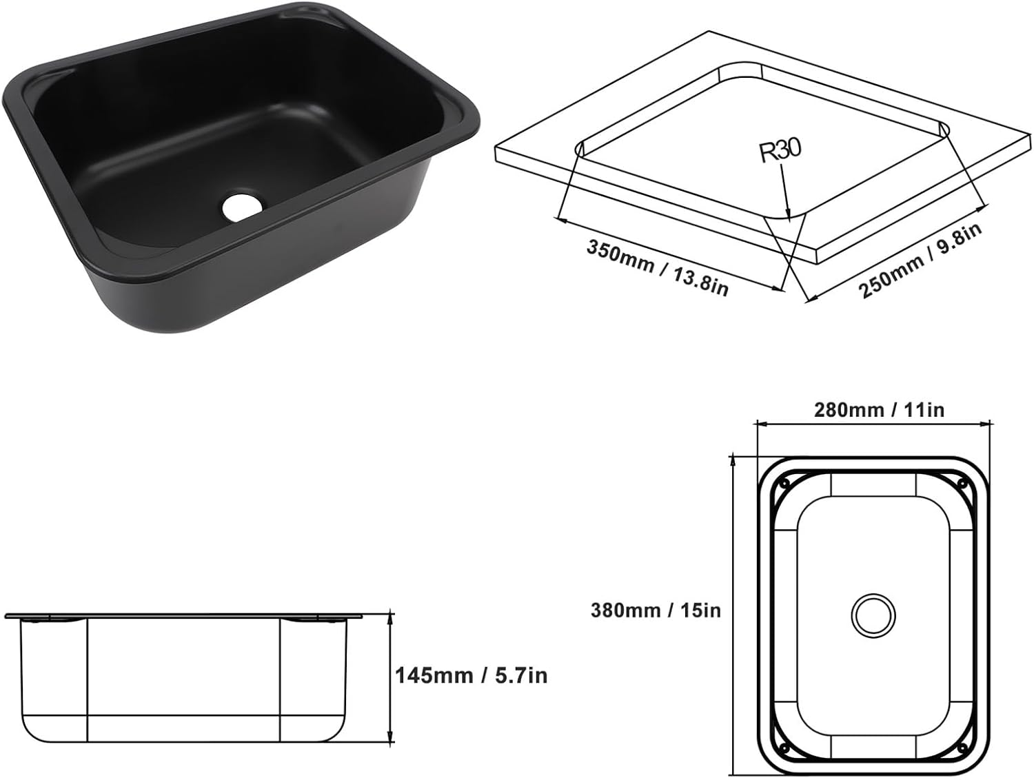 Jiawu RV Sink, Stainless Steel, Undermount, Single Bowl, 12L, 14.5In Mounting Hole image number 3