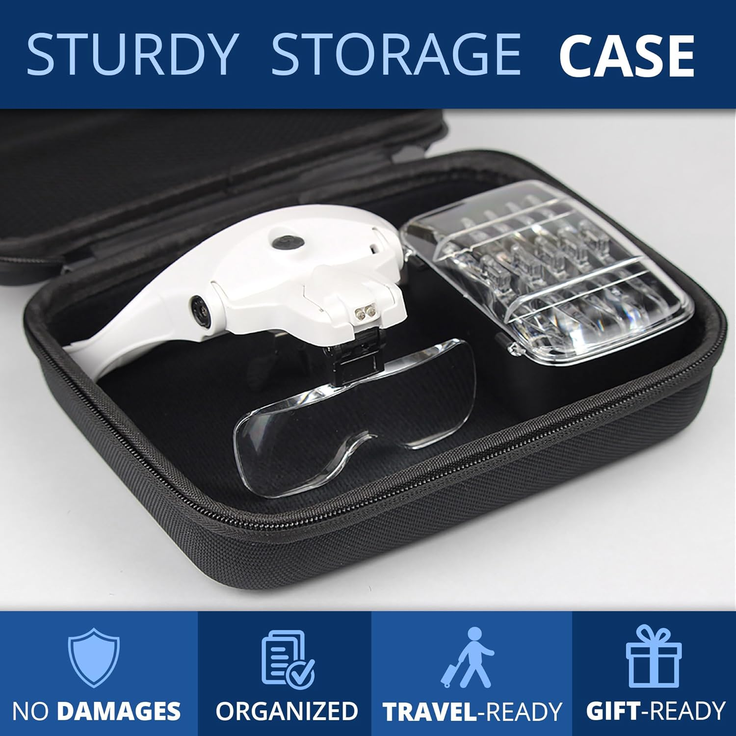 Vision Aid Magnifying Glasses with LED Light, 5 Lenses, Headband, Storage Case | Hands Free Lighted Head Mount Magnifier for Hobby Crafts Macular Degeneration Cross Stitch Diamond Painting Close Work image number 2