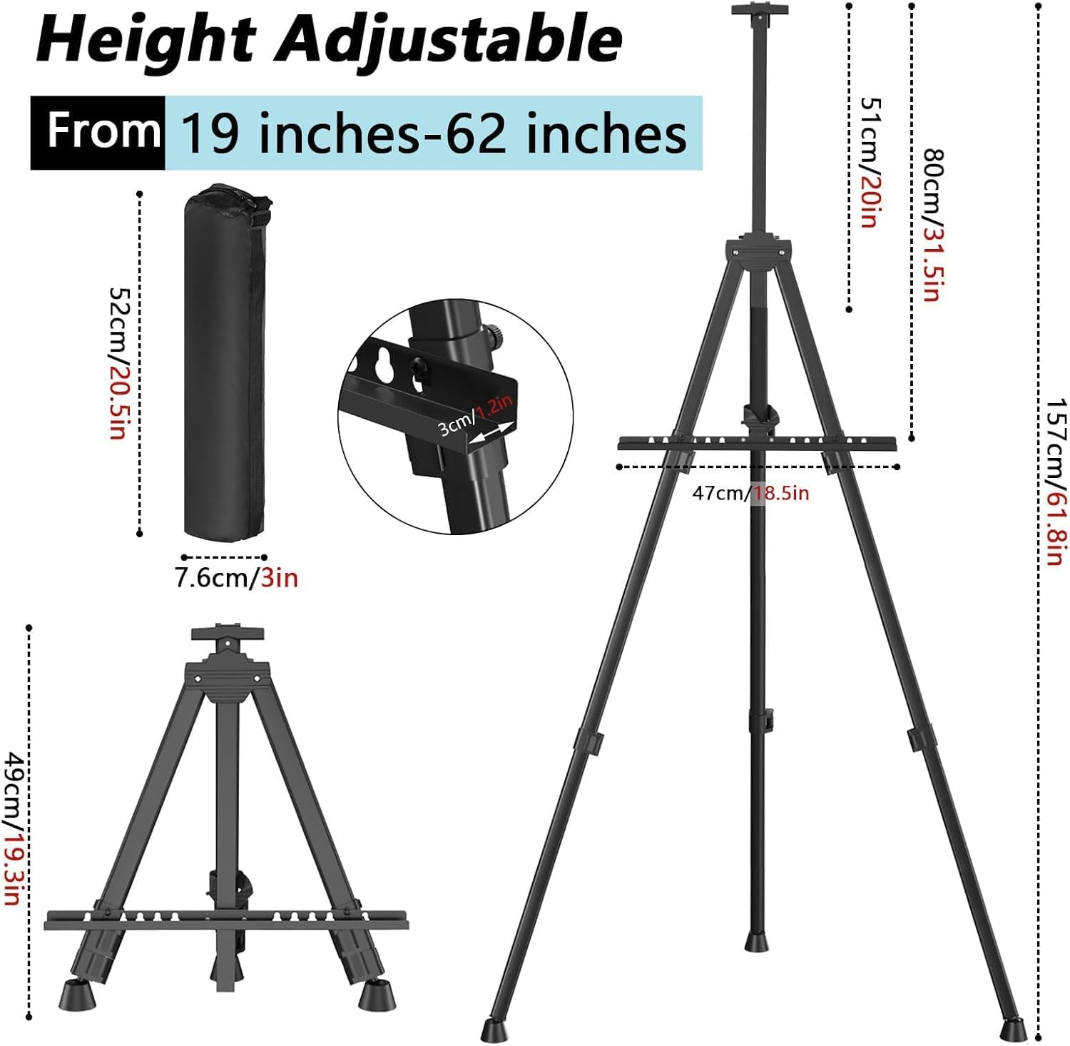 Easel Stand for Sign Adjustable Double-Layer Metal Easel for Painting Stand for Canvas, Portable Tripod for Canvas and Display, Includes Carrying Bag, Black, Height 19-63 Inches (49-160 Cm) image number 1