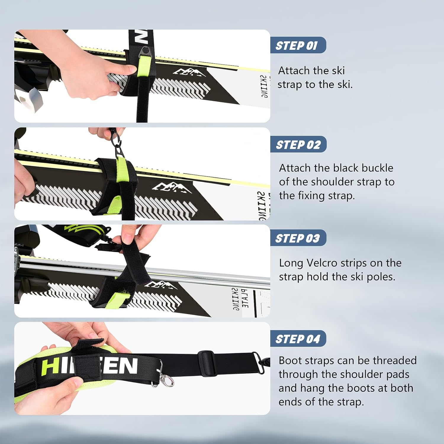 BOOSTEADY Ski Srap & Pole Carrier,Poles and Boot Downhill Skis Carrier Straps with Adjustable Anti-Slip Shoulder Slings & Metal Buckle and Swivel Hook for Men Women Kids image number 5