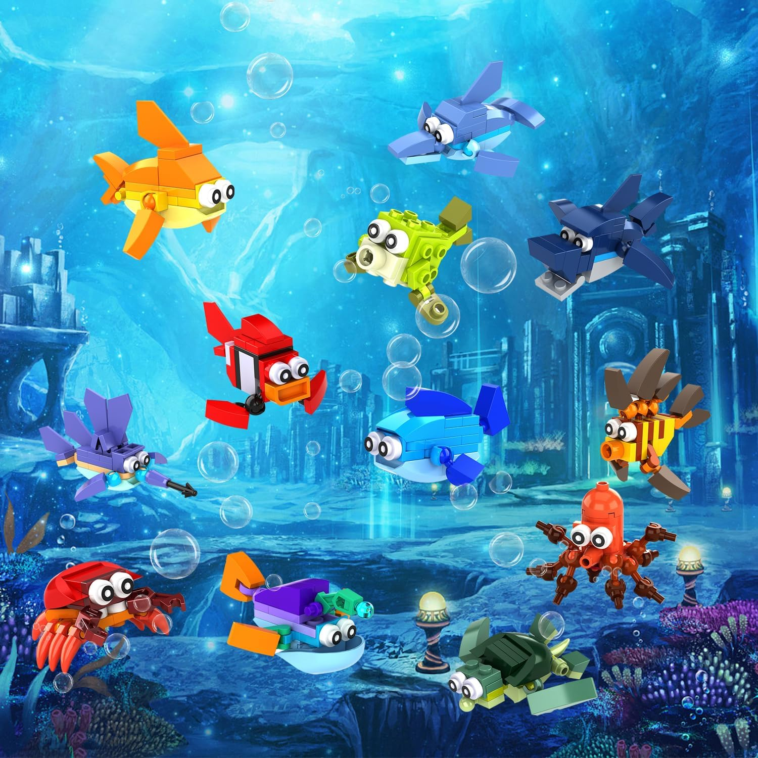 12 in 1 Pre Filled Sea Creatures Building Blocks Set-12 Pcs Mini Building Blocks Toys,Various Sea Creatures,Stem Building Blocks Toys,Party Favor for Kids,Birthday,Goodie Bags,Carnival Prizes image number 2