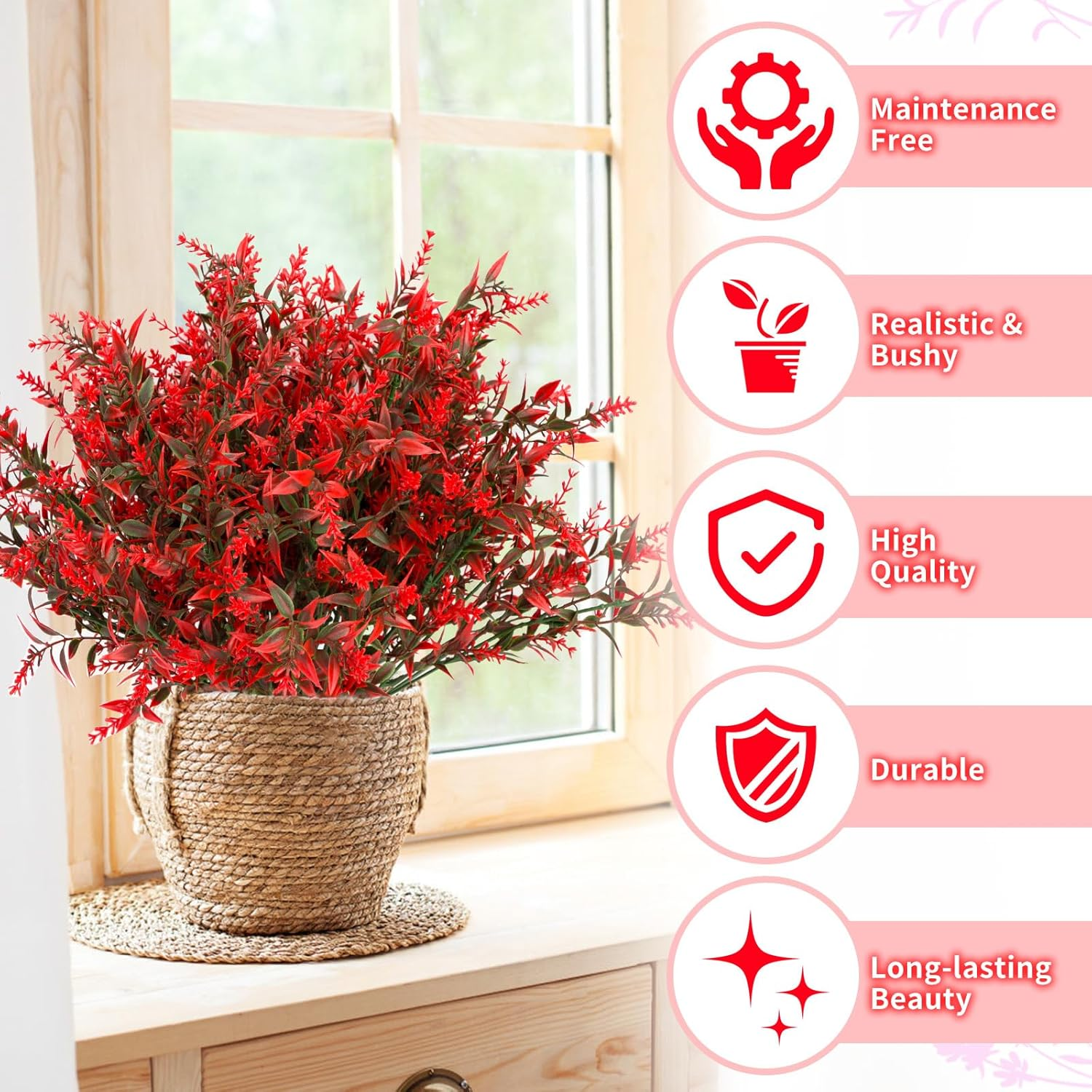 10 Pcs Artificial Flowers Artificial Greenery Lavender Fake Flowers UV Resistant Shrubs Artificial Plants for Indoor outside Garden Home Wedding Farmhouse (Red) - Red image number 3