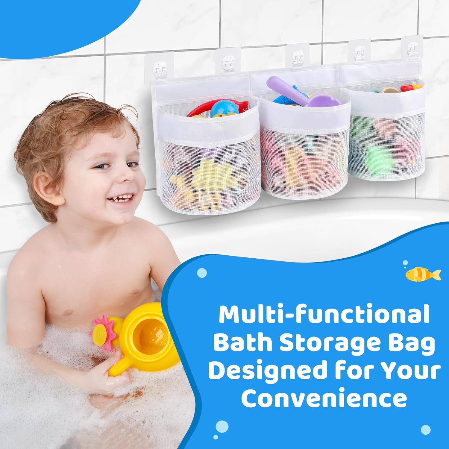 Large Bath Toy Storage Organizer with 3 Compartment Openings 5 Strong Self Adhesive Hooks, Mesh Baby Bathtub Shower Toy Tidy Net Basket Holder Bags for Bathroom Bedroom image number 5
