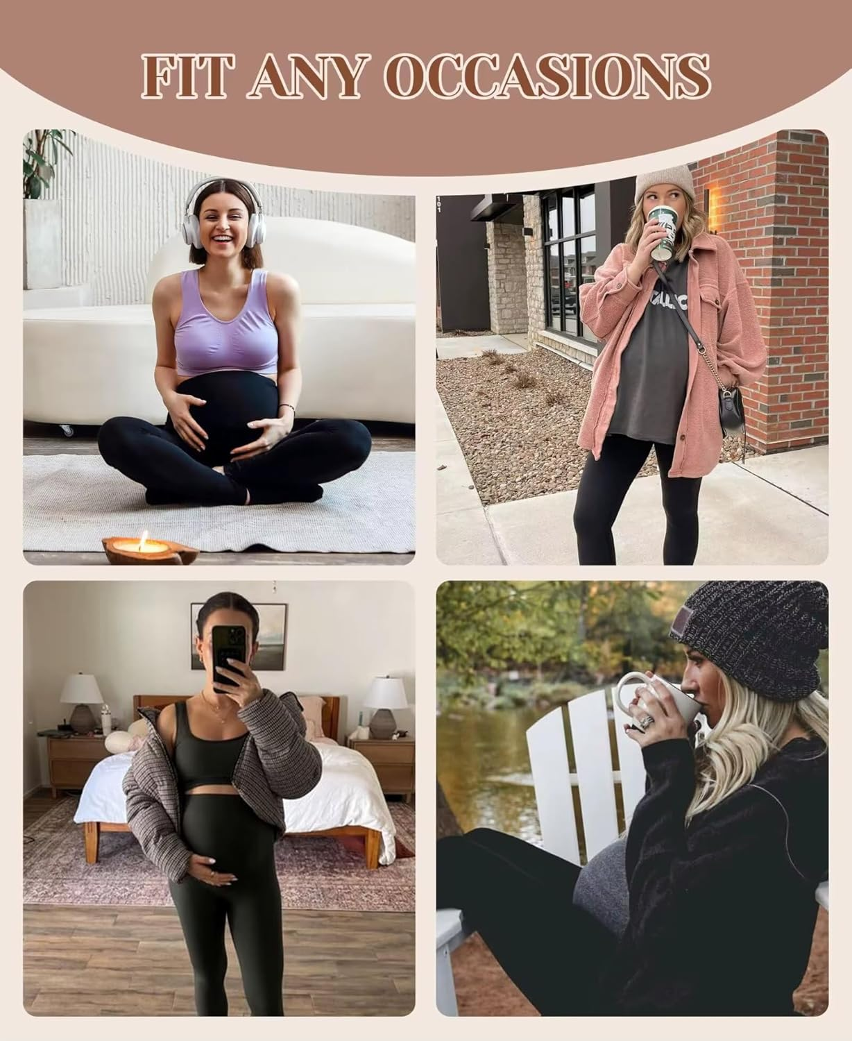 Women'S Maternity Fleece Lined Leggings &ndash; over the Belly, Warm Winter Yoga Pants with Pockets, Soft Belly Support for Pregnancy image number 6